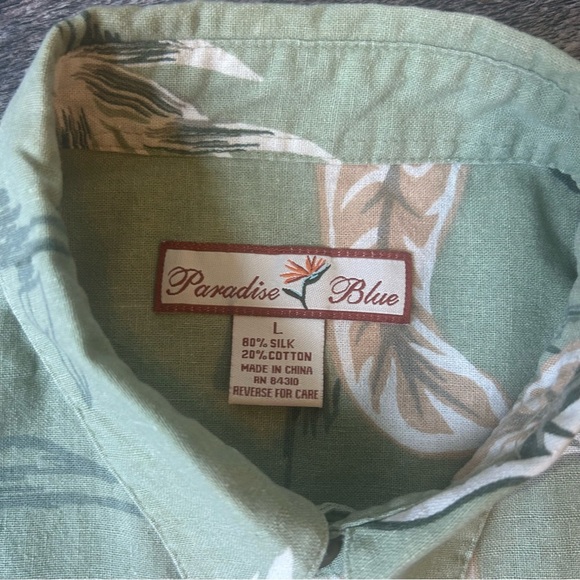 Silk Cotton Blend Paradise Blue Green Floral Men's Shirt Size Large Button Up - Picture 3 of 5